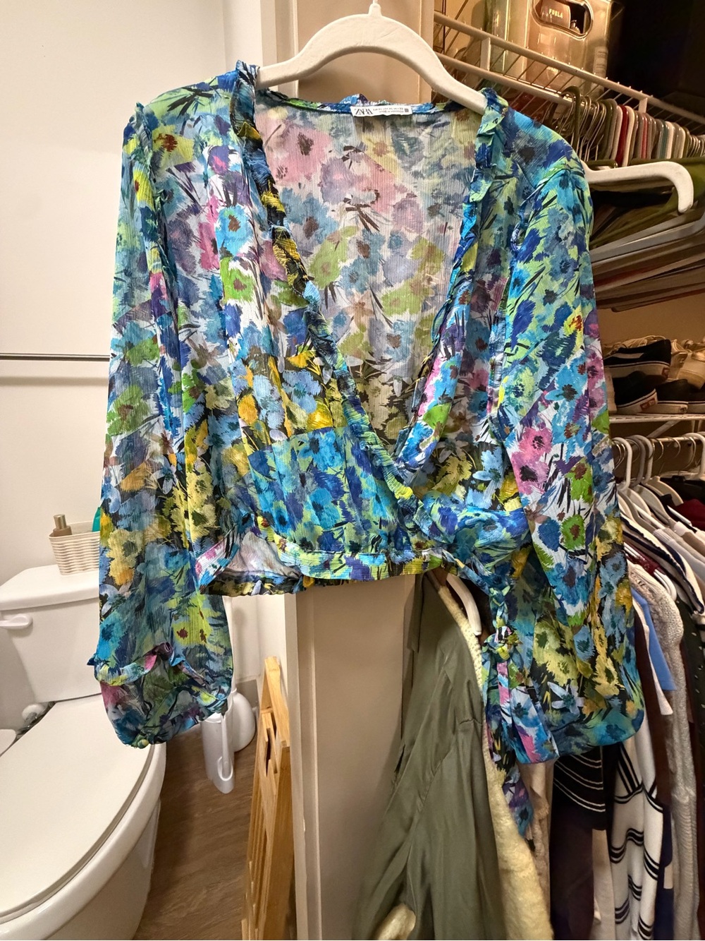Zara Blue-Green Floral Cropped Wrap Blouse